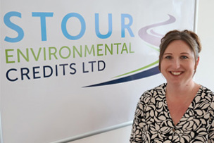 Cheryl Ireland standing infront of the Stour Environmental Credits logo